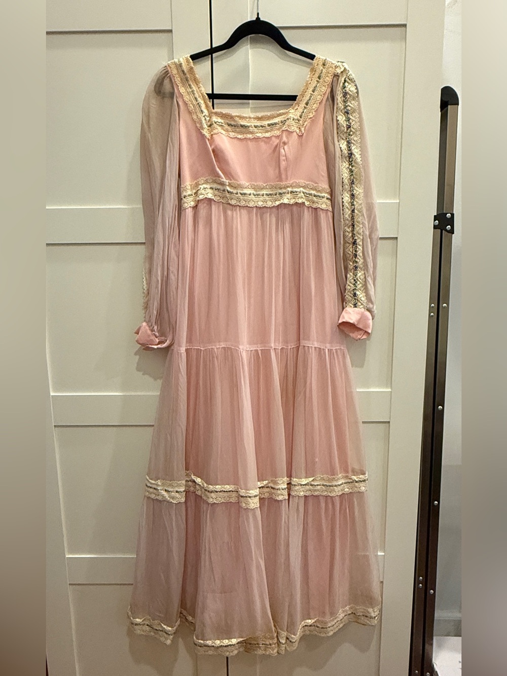 Vintage 1970s Pink Chiffon Prairie Maxi Dress Gown Ribbons Lace Trim XS S Boho